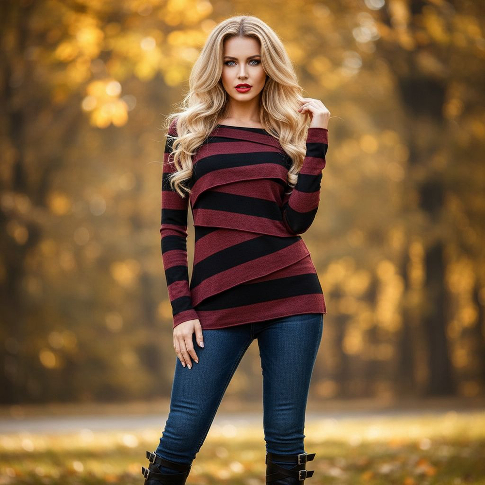 Venus Small Red Black Stripe Layered Long Sleeve Top - Picture 2 of 7